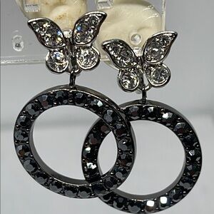 Nolan miller signed Silver tone black  rhinestone designer butterfly Earrings